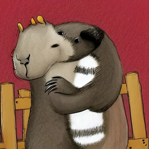 Prompt: badger lovingly hugging a capybara, children's book illustration