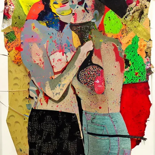 Image similar to two women kissing at a carnival in your nightmares, mixed media collage, retro, paper collage, magazine collage, acrylic paint splatters, bauhaus, claymation, layered paper art, sapphic visual poetry expressing the utmost of desires by jackson pollock