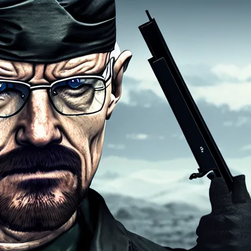 Prompt: walter white wearing an eyepatch and dressed as solid snake from metal gear, 4 k, hyper realistic, dslr, high resolution, landscape, beautiful