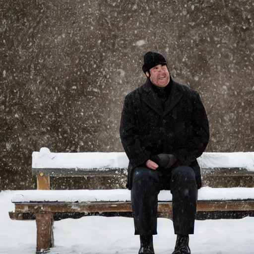 Image similar to Kevin Malone wearing a black beanie hat and black wool overcoat sitting on a park bench during the winter