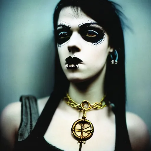 Prompt: close-up, color slide, Kodak Ektachrome E100, studio photographic portrait of a young pale, Goth, Attractive girl, wears ankh pendant and earrings, Comic book character, member of the Endless, Nikon camera, 75mm lens, f/2.8 aperture, HD, casual, realistic, punk, Bokeh, saturated color, masterpiece image, shutterstock, Curated Collections, Sony World Photography Awards, Pinterest, by Annie Leibovitz