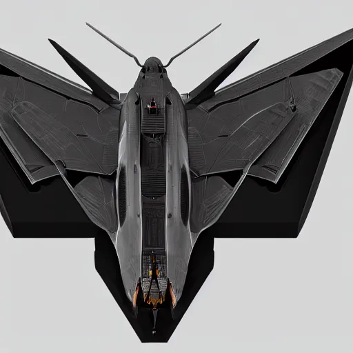 Image similar to cyberpunk moth with wings spread, gunmetal grey, very symmetrical, orthographic view, top down view, bottom view, side view, blueprints, mecha, lockheed martin f - 3 5 lightning ii, fighter jet, cybernetic, robotic, highly detailed, artstation, autodesk maya, super realistic, unreal engine