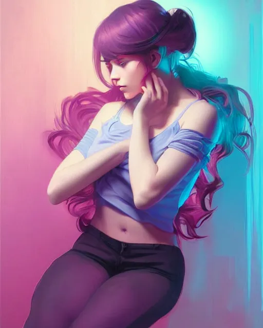 Image similar to emily rajtkowski, emo, posing, vaporwave colors, modern bedroom!!!!!, highly detailed, digital painting, artstation, concept art, smooth, sharp focus, illustration, art by artgerm and greg rutkowski and alphonse mucha