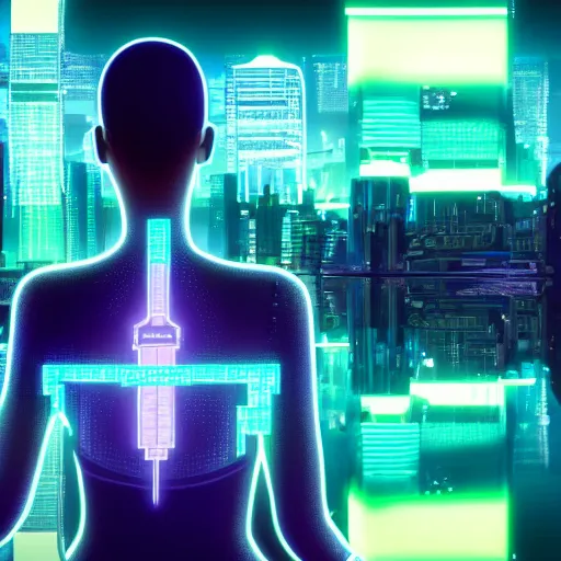 Image similar to cyberpunk city with a woman with a side head shave. city lights of aqua, green, and purple neon lighting, reflections