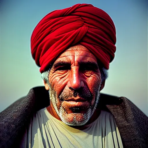 Image similar to portrait of jeffrey epstein as afghan man, green eyes and red turban looking intently, photograph by steve mccurry