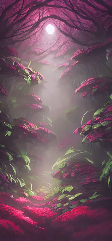 Prompt: smooth flowering underground forest. gouache painting by the award - winning concept artist, bloom, chiaroscuro, backlighting, depth of field.