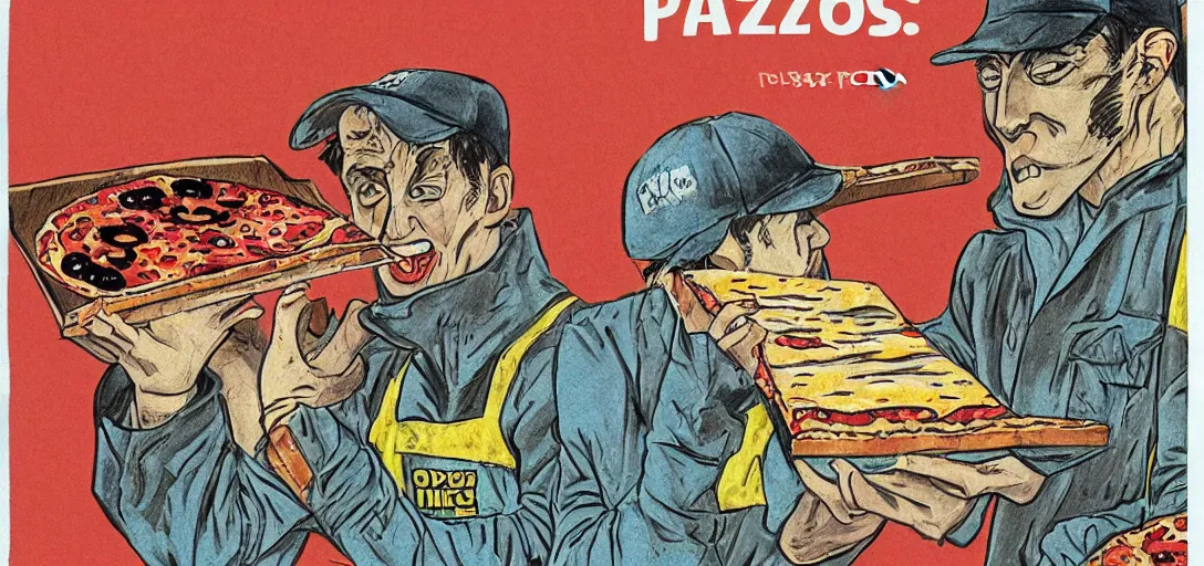 Prompt: glossy old advertising poster, a construction worker eating pizza,horror, drawn comic by Junji Ito, pastels, gradient,