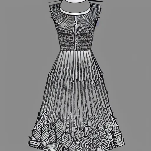 Image similar to sketch design of fashion dress, detailed, unique and stylish