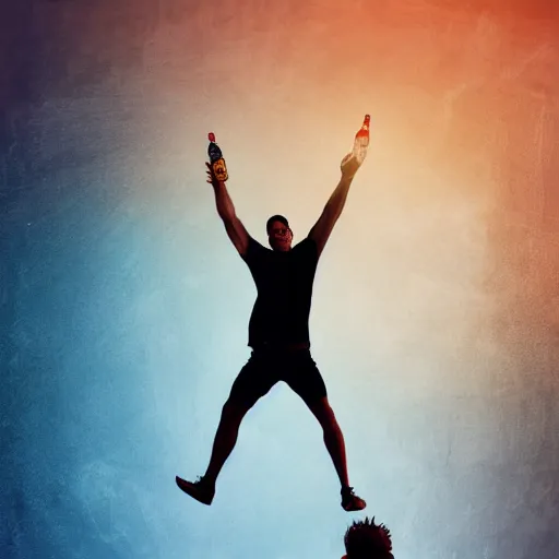 Image similar to an epic portrait of a man jumping in the while holding a bottle, highly detailed, high quality, digital art, five fingers, anatomically correct, dramatic lighting, studio quality