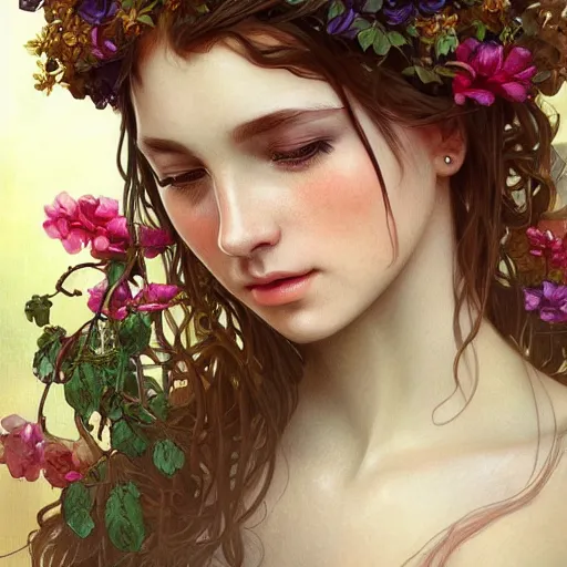 Prompt: A gorgeous young woman plant hybrid, vine and plants and flowers, intricate, digital painting, highly detailed, concept art, Artstation, Cgsociety, Artgerm, Alphonse Mucha, Wlop