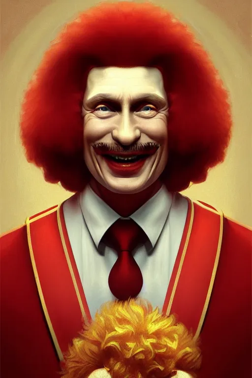 Prompt: vladimir putin as ronald mcdonald, 2 d portrait, symmetrical, highly detailed, digital painting, artstation, concept art, smooth, sharp focus, illustration, cinematic lighting, art by artgerm and greg rutkowski and alphonse mucha