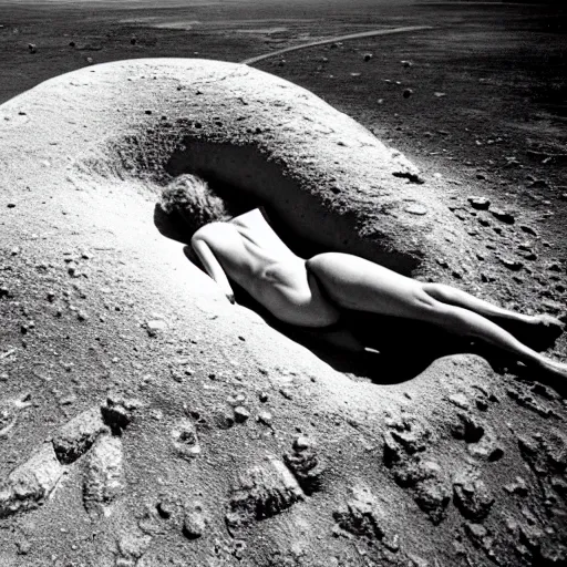 Image similar to a person laying in a huge crater. their body twisted unnaturally, spaceship wreckage in background. ap photograph 1 9 8 5