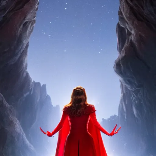 Image similar to movie still of elizabeth olsen as the scarlet witch, facing away from the camera, standing in the middle of a dark cave, holding red magic from her hands, illuminating the area, golden ratio!!!!!, centered, trending on artstation, 8 k quality, cgsociety contest winner, artstation hd, artstation hq, luminous lighting