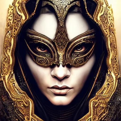 Image similar to Very very very very highly detailed epic photo of full face with beautiful ornamental venetian mask, intricate, dystopian, sci-fi, extremely detailed, digital painting, artstation, concept art, smooth, sharp focus, illustration, intimidating lighting, incredible art by Artgerm and Vincent di Fate and Anton Pieck