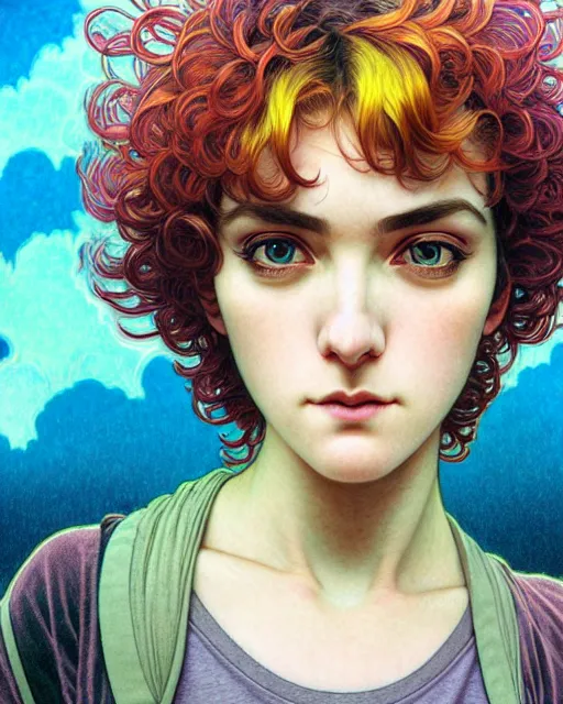 Image similar to ' ramona flowers ', closeup shot of face, beautiful shadowing, 3 d shadowing, reflective surfaces, illustrated completely, 8 k beautifully detailed pencil illustration, extremely hyper - detailed pencil illustration, intricate, epic composition, masterpiece, bold conflicting colors. stunning masterfully illustrated by range murata, alphonse mucha, katsuhiro otomo.