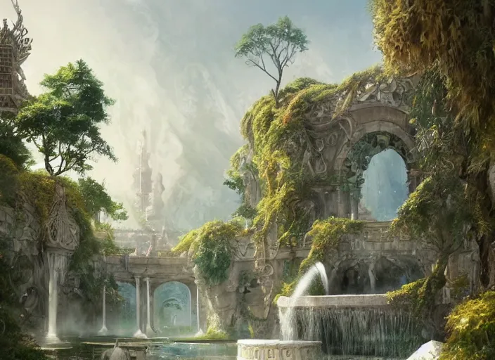 Image similar to A hot spring in a beautiful elven city made of white marble, anime, lush trees, fountain, a fantasy digital painting by Greg Rutkowski and James Gurney, trending on Artstation, highly detailed