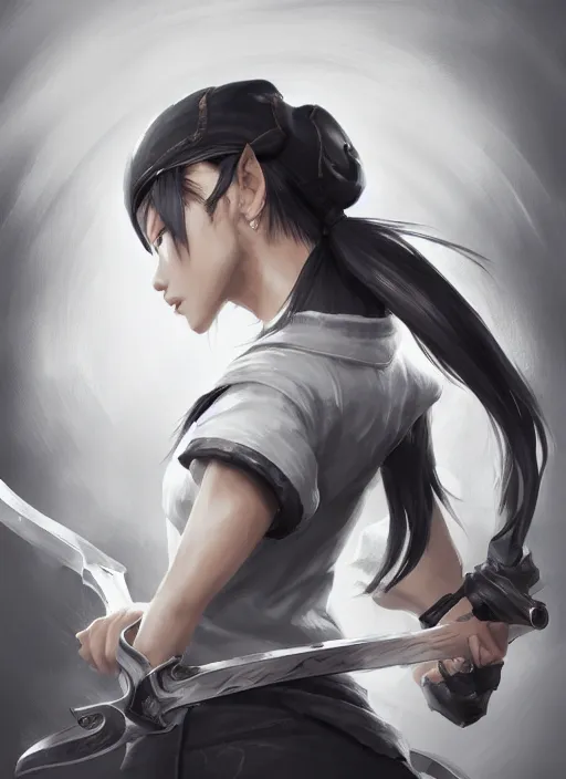 Prompt: a highly detailed illustration of fierce messy ponytail black haired one armed delinquent japanese woman wearing white cap wearing long white jacket, dramatic wielding sword pose, muscular, intricate, elegant, highly detailed, centered, digital painting, artstation, concept art, smooth, sharp focus, league of legends concept art, wlop.