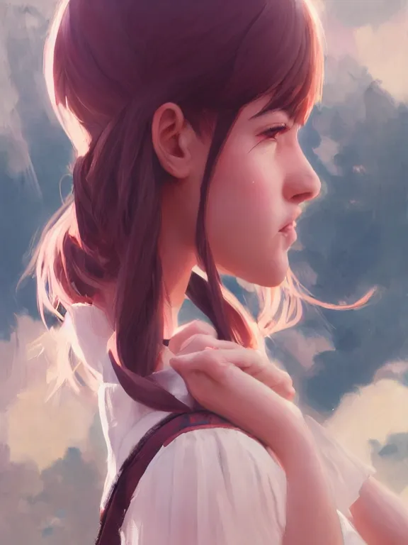 Image similar to an ultradetailed beautiful portrait painting of a girl at a cosplay convention, side view, oil painting, high resolution, by ilya kuvshinov, greg rutkowski and makoto shinkai