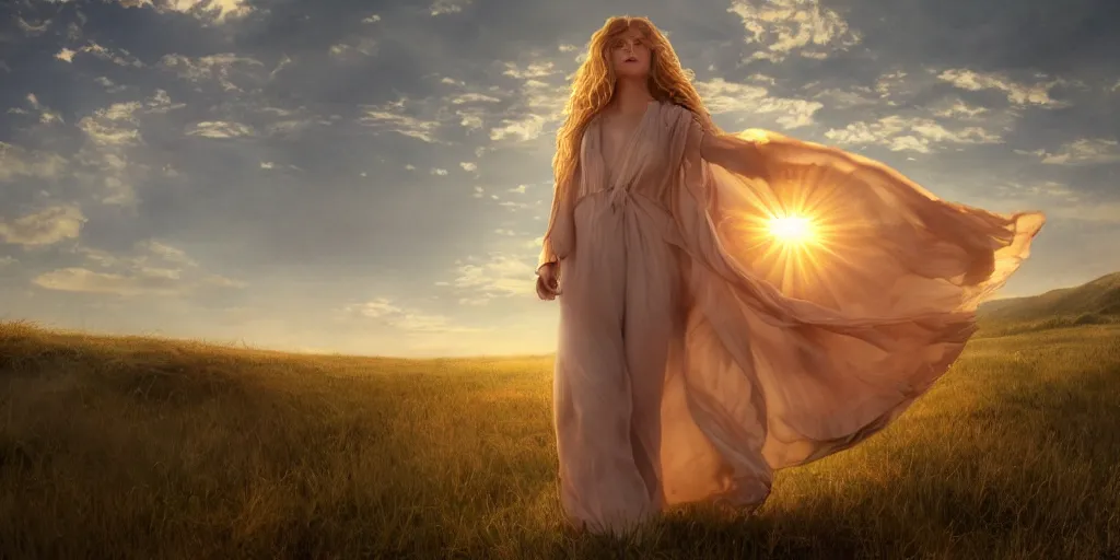 Image similar to realistic scene of 1 mysterious woman in silky clothes with long golden hair walking on a clouds trying to touch the sun, detailed, 1 4 5 0, delicate, hyper realism, ultra realistic, 8 k