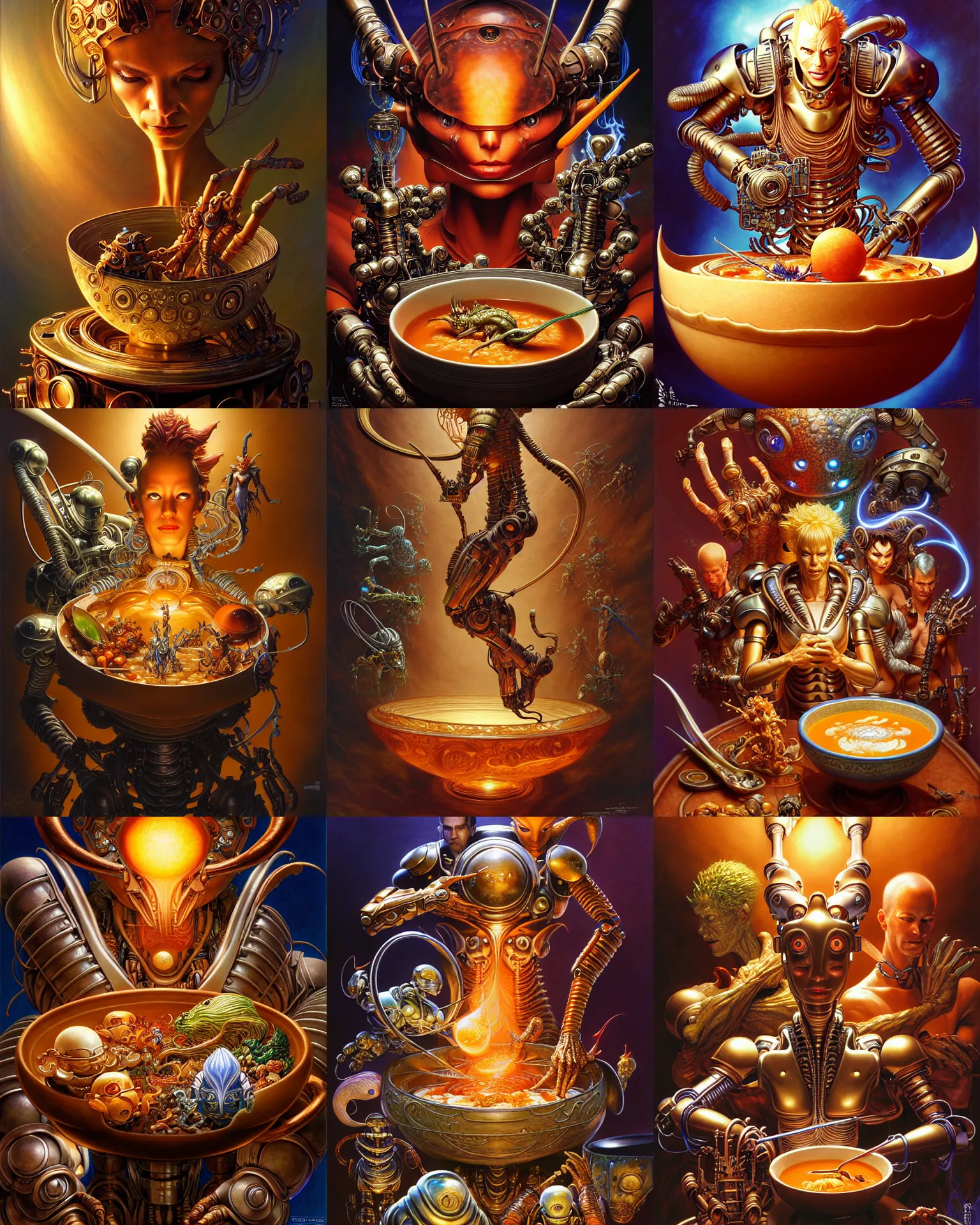 Prompt: bowl filled with food, fantasy art, fantasy, magic, highly detailed, soup, ultra realistic, dramatic lighting, robots, the fifth element artifacts, highly detailed by hajime sorayama, boris vallejo, aaron horkey, gaston bussiere, craig mullins
