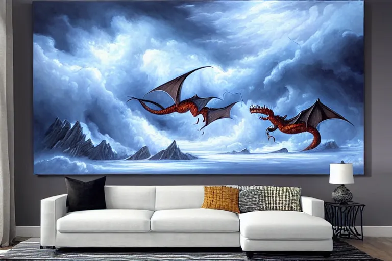 Image similar to a vast oil painting of two storm dragons dueling above the snowy peaks, hyper realistic, vivid, highly detailed, many colors