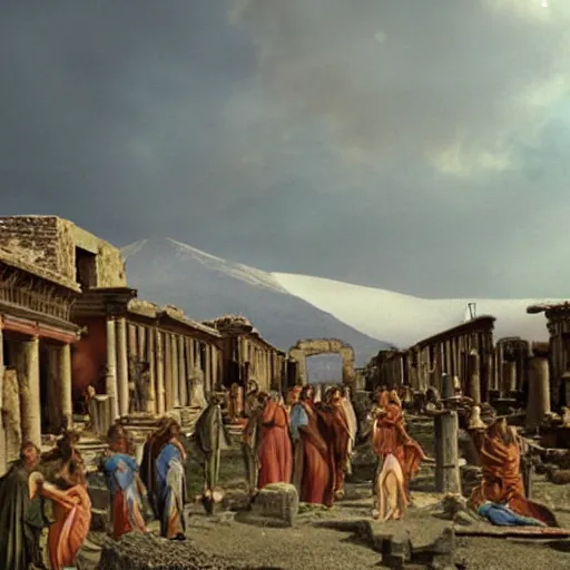 Image similar to photoreal image of pompeii just before the volcano explodes