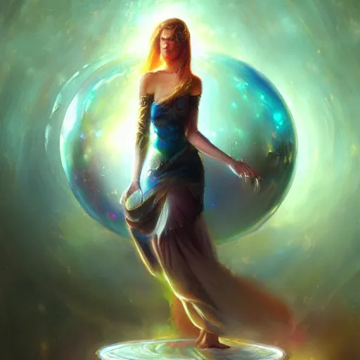 Prompt: a painting of a woman holding a crystal ball, a hologram by raymond swanland, featured on cgsociety, fantasy art, wiccan, mystical, tarot card