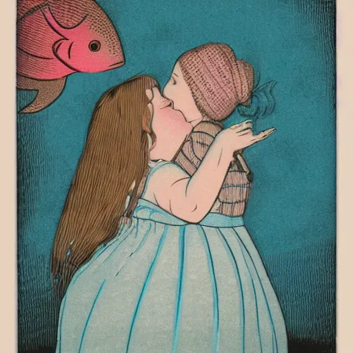 Image similar to the same style. the most beautiful little fat sweet girl is kissing a huge colorful cute fish. modern etching. colored print. hype realistic scene. old photography style. studio lighting. window