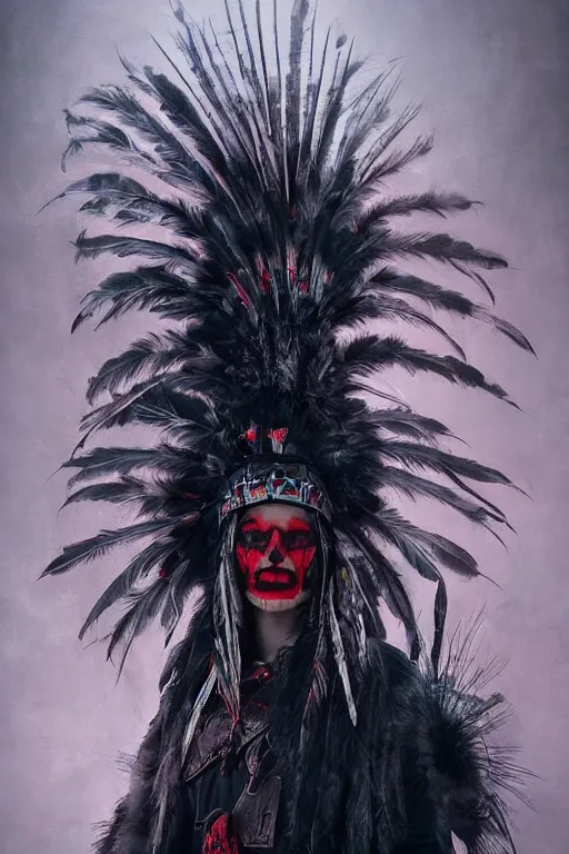 Image similar to the ghost - spirit of the grim - warpaint wears the scarlet skull armor and native blood headdress feathers, midnight fog - mist!, dark oil painting colors, realism, cinematic lighting, various refining methods, micro macro autofocus, ultra definition, award winning photo