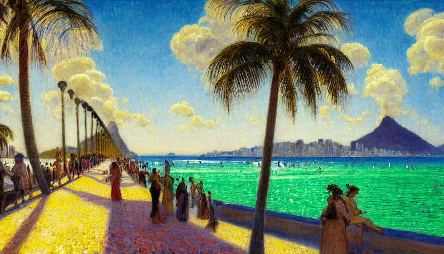 Image similar to a ultradetailed beautiful color theory painting of the thunderstorm sky of the rio de janeiro palace balustrade designed by jules bastien - lepage, tarsila do amaral, frank weston and gustave baumann, beach, trending on artstation, mediterranean, palm trees, sharp focus, colorful refracted sparkles and lines, soft light, 8 k 4 k