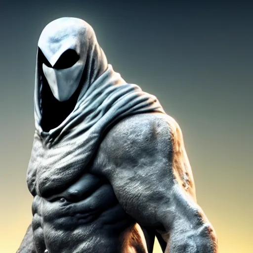 Image similar to render of moon knight mixed with krator from gow, artstation, accurate, 8 k, cgivfx, quixel, wetastudiofx, bigstudiovfx, octanerender 3 d, framestorevfx, cgrecord, highdensity, highradiosity