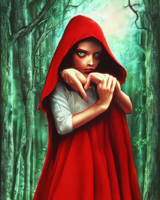 Image similar to little red riding hood, airbrush, drew struzan illustration art, key art, movie poster