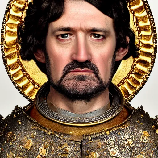 Image similar to richard iv the roman king photo, real human, soft studio lighting, 6 0 mm lens in full armor, cashmere hairs, golden crown