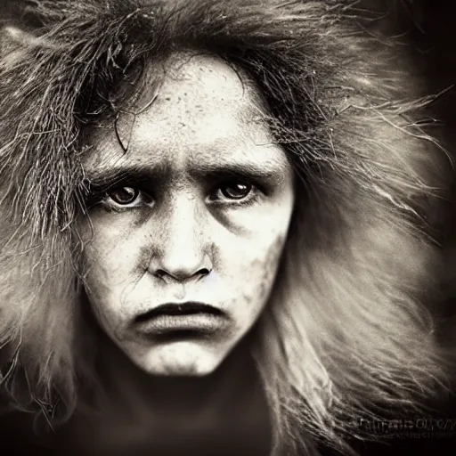Prompt: Award winning Editorial photograph of chupacabra with incredible hair and beautiful hyper-detailed eyes in a rain storm by Lee Jeffries, 85mm ND 5, perfect lighting, gelatin silver process, Kodak D-76