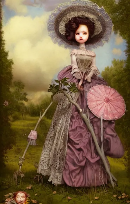 Prompt: A full-body portrait of a dollfie with an oversized head wearing victorian clothes and holding a lace parasol in an overgrown baroque palace courtyard, skies with pink fluffy clouds, small forest creatures. artwork by mark Ryden and Jasmine Becket-Griffith, 4k insane detail, pop surrealism