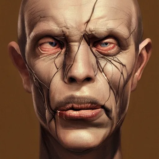 Prompt: closeup portrait of a man with bulging unblinking eyes, shrivelled neck with strange lines, wide mouth with thick lips, flat nose, tiny ears, squamous grayish skin, constant alopecia, creepy, dramatic light, painted by stanley lau, painted by greg rutkowski, painted by stanley artgerm, digital art, trending on artstation