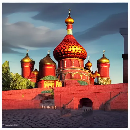 Image similar to chinese - style kremlin and chinese st. basil's cathedral on wide stone square at gentle dawn, a huge portrait of mao on the kremlin wall, at gentle dawn pink light, rossdraws, artgerm, norman rockwell, emiliano ponzi, epic composition, hd, octane, unreal engine, volumetric lighting, light rays, masterpiece, award - winning