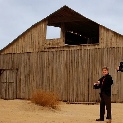 Prompt: alec baldwin shooting someone standing in a desert barn