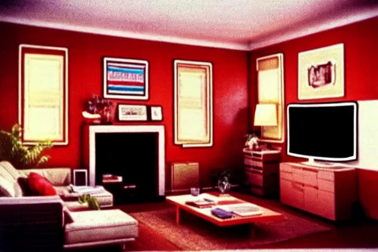 Image similar to a living room in 1984!! A square CRT TV is on!!! with Netflix on the screen!!!!! Digital photograph, Low key lighting, very detailed