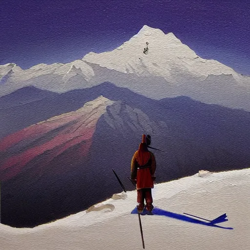 Prompt: painting of a lonesome warrior at the peak of himalayas, style of hiroki takeda