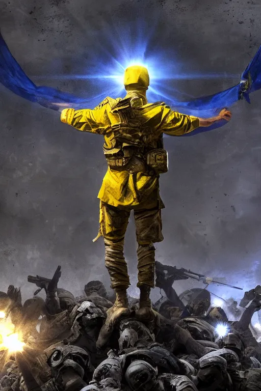 Prompt: A distant front view shot of a soldier with blue and yellow flag in his hand while he is standing on a huge pile of skulls in triumph after the battle, head is up, flag in his right hand, dark atmosphere, Call of Duty, bright rays of light, beams of light, intricate, volumetric lighting, volumetric lights, highly detailed, smooth, artstation, digital illustration by Ruan Jia and Mandy Jurgens and Artgerm and Wayne Barlowe and Greg Rutkowski and Frank Frazetta