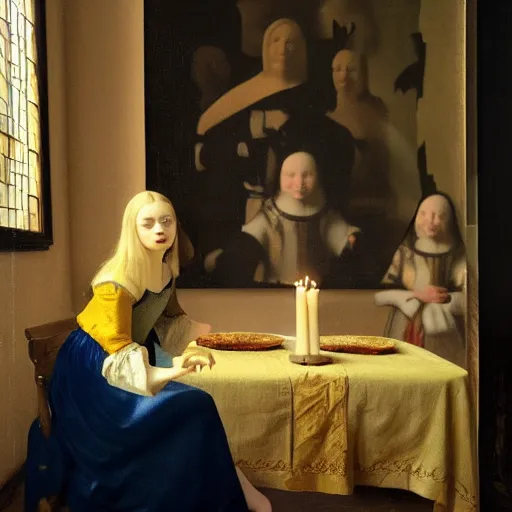 Image similar to a painting of Elle Fanning at a seance surrounded by ghosts, by Johannes Vermeer