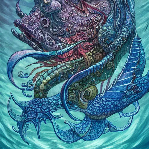 Image similar to underwater sea monster, d & d style, trending on artstation, colorful, intricate, highly detailed art by aurore folny and ilse gort and yugin maffioli