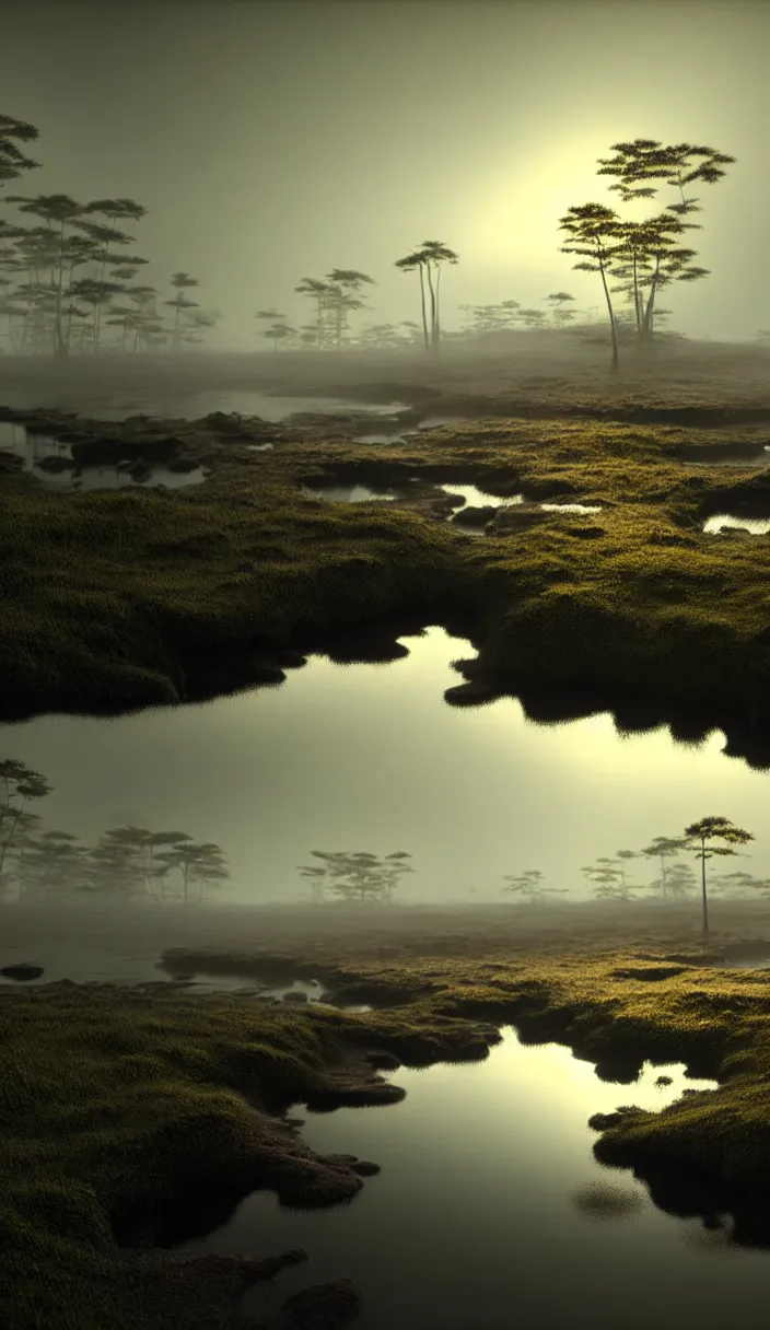 Image similar to bubbling peat bog from which grow lush carnivorous plants, murky water, reflections, contrasting light, attention to detail, dark and dramatic atmosphere of prehistoric life, volumetric fog, raytracing, back light, raymarching, by ilm, by digital domain, by weta digital