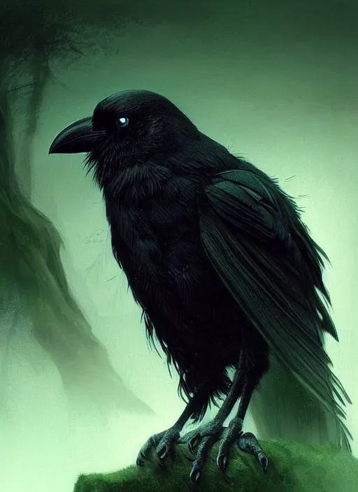 Image similar to side portrait dark crow (animal), close-up, fantasy forest landscape, moonshine, fantasy magic, nice black feather, proud, green dark light night, intricate, elegant, sharp focus, illustration, highly detailed, digital painting, concept art, matte, art by WLOP and Artgerm and Greg Rutkowski and Eddie Mendoza, masterpiece