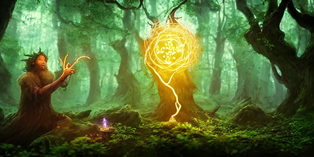 Prompt: a mythical, magical forest spirit wizard casting a spell on dice, glowing energy, fantasy magic, by willian murai and jason chan and marco bucci, hyper detailed and realistic, illustration, sharp focus, cinematic, rule of thirds, foresthour