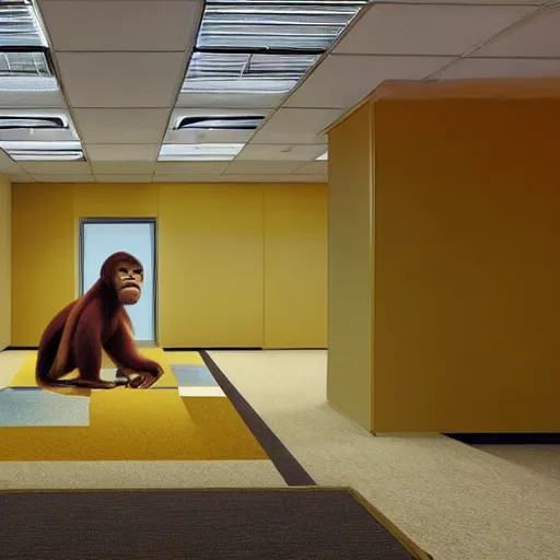 Image similar to do you want to draw an orangutan in an empty 9 0 s office building with no windows doors or furniture the building has brown carpet and yellow wallpaper as an anime?