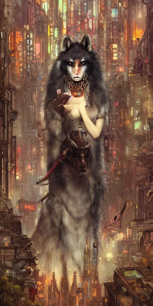 Image similar to hyper realistic Princess Mononoke in her mask, busy cyberpunk metropolis, city landscape, wolves, magic, castle, jewels, style of tom bagshaw, mucha, james gurney, norman rockwell, denoised, sharp