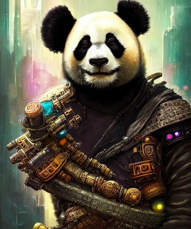 Image similar to a portrait of a cyberpunk panda, mandala, fantasy, elegant, highly detailed, digital painting, artstation, concept art, matte, sharp focus, illustration, art by justin gerard and josan gonzalez