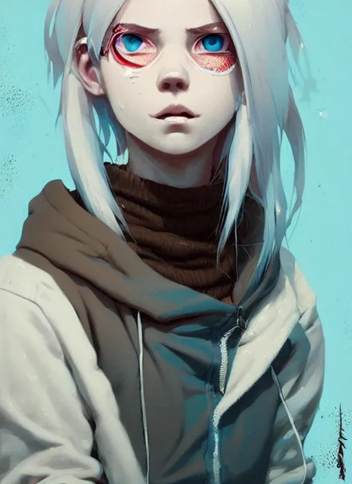 Image similar to highly detailed portrait of a sewer punk swedish young lady, hoodie, white hair by atey ghailan, by greg rutkowski, by greg tocchini, by james gilleard, by joe fenton, by kaethe butcher, gradient light blue, blonde, brown, cream and white color scheme, grunge aesthetic!!! ( ( graffiti tag wall background ) )